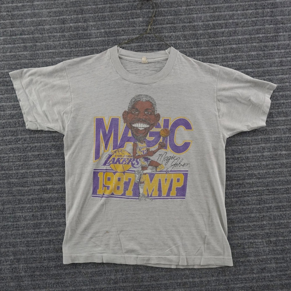 Vintage 80s Magic Johnson Lakers T-Shirt M Grey 1987 MVP Caricature Paper Thin